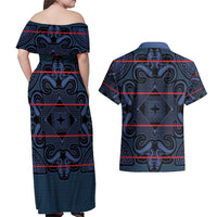Lesotho Seanamarena - Motlatsi Couples Matching Off Shoulder Maxi Dress and Hawaiian Shirt Basotho Traditional Blanket Style - Blue - Wonder Print Shop