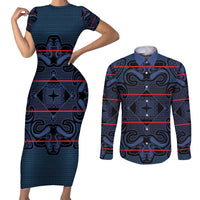 Lesotho Seanamarena - Motlatsi Couples Matching Short Sleeve Bodycon Dress and Long Sleeve Button Shirt Basotho Traditional Blanket Style - Blue - Wonder Print Shop