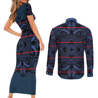 Lesotho Seanamarena - Motlatsi Couples Matching Short Sleeve Bodycon Dress and Long Sleeve Button Shirt Basotho Traditional Blanket Style - Blue - Wonder Print Shop