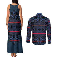 Lesotho Seanamarena - Motlatsi Couples Matching Tank Maxi Dress and Long Sleeve Button Shirt Basotho Traditional Blanket Style - Blue - Wonder Print Shop