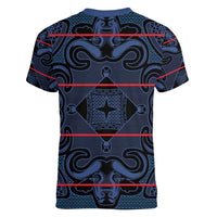 Lesotho Seanamarena - Motlatsi Women V-Neck T-Shirt Basotho Traditional Blanket Style - Blue - Wonder Print Shop