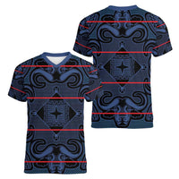 Lesotho Seanamarena - Motlatsi Women V-Neck T-Shirt Basotho Traditional Blanket Style - Blue - Wonder Print Shop