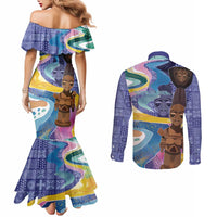 Nigeria Osun-Osogbo Festival Couples Matching Mermaid Dress and Long Sleeve Button Shirt Oshun God - Yoruba Pattern - Wonder Print Shop