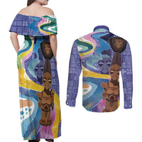 Nigeria Osun-Osogbo Festival Couples Matching Off Shoulder Maxi Dress and Long Sleeve Button Shirt Oshun God - Yoruba Pattern - Wonder Print Shop