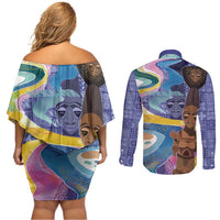 Nigeria Osun-Osogbo Festival Couples Matching Off Shoulder Short Dress and Long Sleeve Button Shirt Oshun God - Yoruba Pattern - Wonder Print Shop