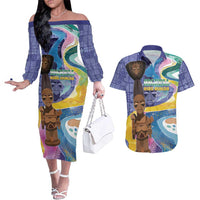 Nigeria Osun-Osogbo Festival Couples Matching Off The Shoulder Long Sleeve Dress and Hawaiian Shirt Oshun God - Yoruba Pattern - Wonder Print Shop