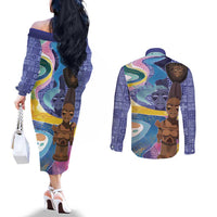 Nigeria Osun-Osogbo Festival Couples Matching Off The Shoulder Long Sleeve Dress and Long Sleeve Button Shirt Oshun God - Yoruba Pattern - Wonder Print Shop