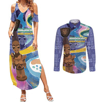 Nigeria Osun-Osogbo Festival Couples Matching Summer Maxi Dress and Long Sleeve Button Shirt Oshun God - Yoruba Pattern - Wonder Print Shop