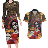 Mexico Day Of The Dead Couples Matching Long Sleeve Bodycon Dress and Hawaiian Shirt La Catrina Mix Cempasuchil Aztec Pattern LT15