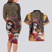 Mexico Day Of The Dead Couples Matching Long Sleeve Bodycon Dress and Hawaiian Shirt La Catrina Mix Cempasuchil Aztec Pattern LT15