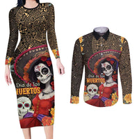 Mexico Day Of The Dead Couples Matching Long Sleeve Bodycon Dress and Long Sleeve Button Shirt La Catrina Mix Cempasuchil Aztec Pattern LT15