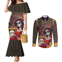 Mexico Day Of The Dead Couples Matching Mermaid Dress and Long Sleeve Button Shirt La Catrina Mix Cempasuchil Aztec Pattern LT15