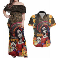 Mexico Day Of The Dead Couples Matching Off Shoulder Maxi Dress and Hawaiian Shirt La Catrina Mix Cempasuchil Aztec Pattern LT15