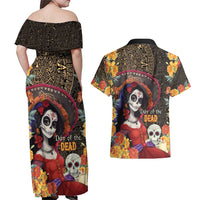 Mexico Day Of The Dead Couples Matching Off Shoulder Maxi Dress and Hawaiian Shirt La Catrina Mix Cempasuchil Aztec Pattern LT15