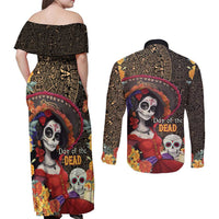 Mexico Day Of The Dead Couples Matching Off Shoulder Maxi Dress and Long Sleeve Button Shirt La Catrina Mix Cempasuchil Aztec Pattern LT15