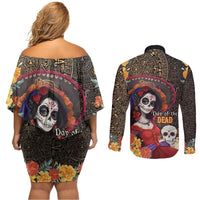 Mexico Day Of The Dead Couples Matching Off Shoulder Short Dress and Long Sleeve Button Shirt La Catrina Mix Cempasuchil Aztec Pattern LT15