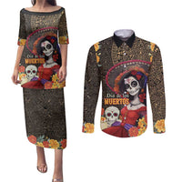 Mexico Day Of The Dead Couples Matching Puletasi and Long Sleeve Button Shirt La Catrina Mix Cempasuchil Aztec Pattern LT15