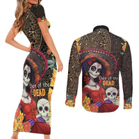 Mexico Day Of The Dead Couples Matching Short Sleeve Bodycon Dress and Long Sleeve Button Shirt La Catrina Mix Cempasuchil Aztec Pattern LT15