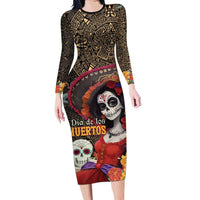 Mexico Day Of The Dead Family Matching Long Sleeve Bodycon Dress and Hawaiian Shirt La Catrina Mix Cempasuchil Aztec Pattern LT15