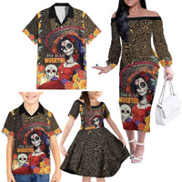 Mexico Day Of The Dead Family Matching Off The Shoulder Long Sleeve Dress and Hawaiian Shirt La Catrina Mix Cempasuchil Aztec Pattern LT15