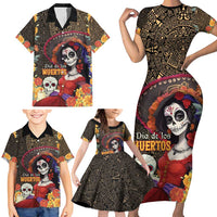 Mexico Day Of The Dead Family Matching Short Sleeve Bodycon Dress and Hawaiian Shirt La Catrina Mix Cempasuchil Aztec Pattern LT15