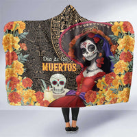 Mexico Day Of The Dead Hooded Blanket La Catrina Mix Cempasuchil Aztec Pattern LT15