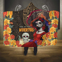Mexico Day Of The Dead Hooded Blanket La Catrina Mix Cempasuchil Aztec Pattern LT15