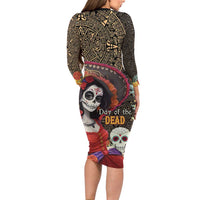 Mexico Day Of The Dead Long Sleeve Bodycon Dress La Catrina Mix Cempasuchil Aztec Pattern LT15