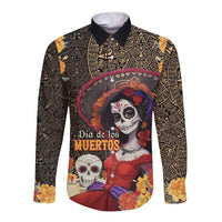 Mexico Day Of The Dead Long Sleeve Button Shirt La Catrina Mix Cempasuchil Aztec Pattern LT15
