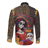 Mexico Day Of The Dead Long Sleeve Button Shirt La Catrina Mix Cempasuchil Aztec Pattern LT15