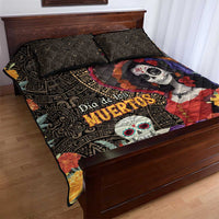 Mexico Day Of The Dead Quilt Bed Set La Catrina Mix Cempasuchil Aztec Pattern LT15