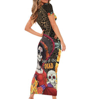 Mexico Day Of The Dead Short Sleeve Bodycon Dress La Catrina Mix Cempasuchil Aztec Pattern LT15