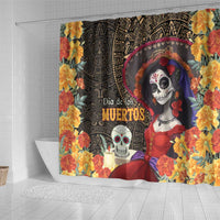 Mexico Day Of The Dead Shower Curtain La Catrina Mix Cempasuchil Aztec Pattern LT15