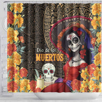 Mexico Day Of The Dead Shower Curtain La Catrina Mix Cempasuchil Aztec Pattern LT15