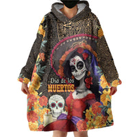 Mexico Day Of The Dead Wearable Blanket Hoodie La Catrina Mix Cempasuchil Aztec Pattern LT15