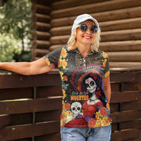 Mexico Day Of The Dead Women Polo Shirt La Catrina Mix Cempasuchil Aztec Pattern LT15