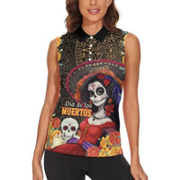 Mexico Day Of The Dead Women Sleeveless Polo Shirt La Catrina Mix Cempasuchil Aztec Pattern LT15