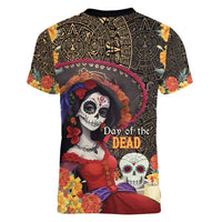 Mexico Day Of The Dead Women V-Neck T-Shirt La Catrina Mix Cempasuchil Aztec Pattern LT15