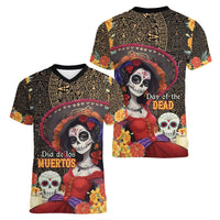 Mexico Day Of The Dead Women V-Neck T-Shirt La Catrina Mix Cempasuchil Aztec Pattern LT15