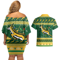 South Africa Christmas Rugby Couples Matching Off Shoulder Short Dress and Hawaiian Shirt Springboks Geseende Kersfees - Wonder Print Shop