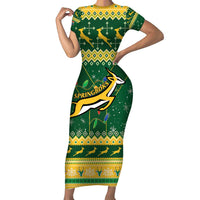 South Africa Christmas Rugby Family Matching Short Sleeve Bodycon Dress and Hawaiian Shirt Springboks Geseende Kersfees - Wonder Print Shop