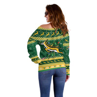 South Africa Christmas Rugby Off Shoulder Sweater Springboks Geseende Kersfees - Wonder Print Shop