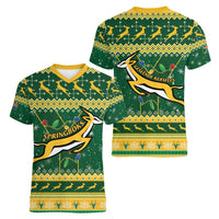 South Africa Christmas Rugby Women V-Neck T-Shirt Springboks Geseende Kersfees - Wonder Print Shop