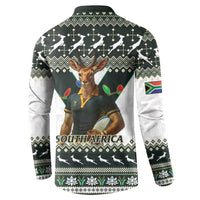 South Africa Christmas Rugby Button Sweatshirt Springboks Mascot Mix African Pattern - Wonder Print Shop
