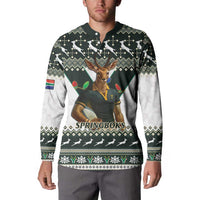 South Africa Christmas Rugby Button Sweatshirt Springboks Mascot Mix African Pattern - Wonder Print Shop