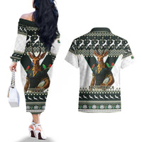 South Africa Christmas Rugby Couples Matching Off The Shoulder Long Sleeve Dress and Hawaiian Shirt Springboks Mascot Mix African Pattern - Wonder Print Shop