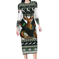 South Africa Christmas Rugby Long Sleeve Bodycon Dress Springboks Mascot Mix African Pattern - Wonder Print Shop