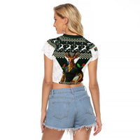 South Africa Christmas Rugby Raglan Cropped T Shirt Springboks Mascot Mix African Pattern - Wonder Print Shop