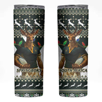 South Africa Christmas Rugby Skinny Tumbler Springboks Mascot Mix African Pattern - Wonder Print Shop