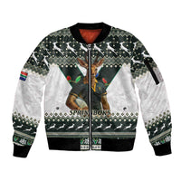 South Africa Christmas Rugby Sleeve Zip Bomber Jacket Springboks Mascot Mix African Pattern - Wonder Print Shop